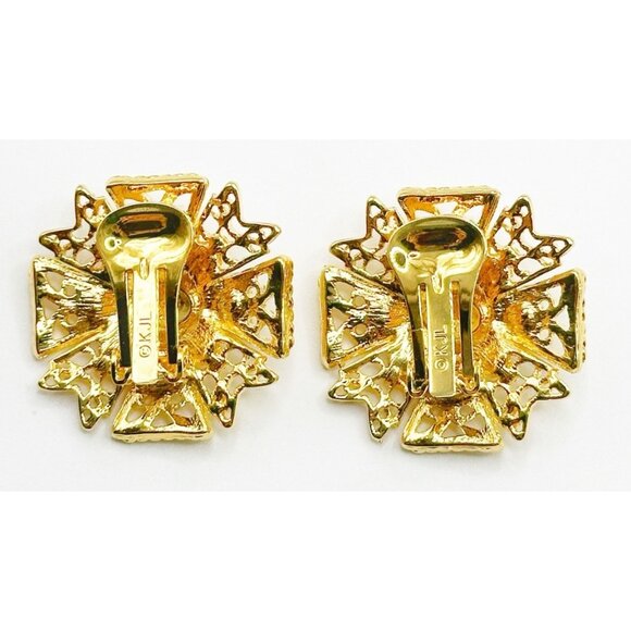 Vtg Kenneth Jay Lane KJL Earrings Gold Tone Rhinestones Maltese Cross Clip On - Picture 2 of 2